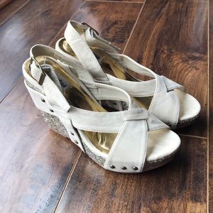 Khaki with gold/silver bedazzled wedges